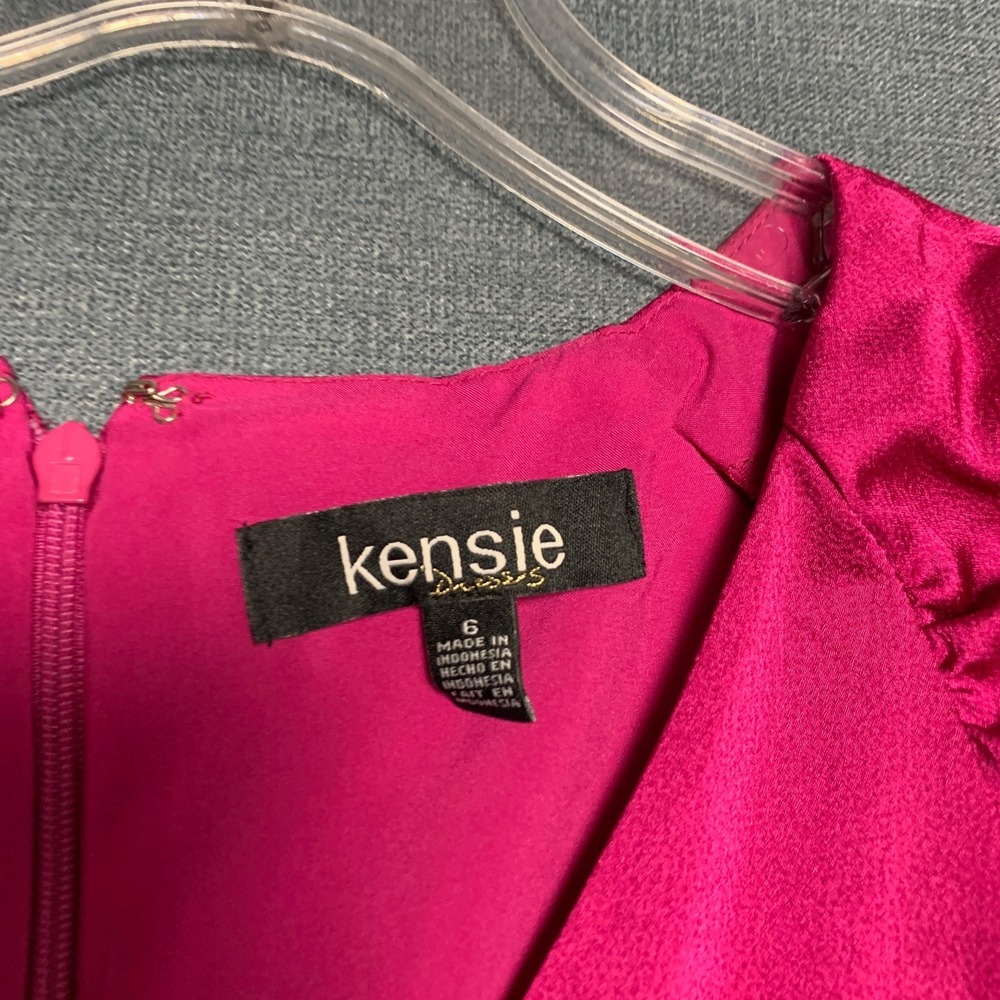 Kensie Faux Wrap Dress Womens 6 Hot Pink Ruched Sleeves Ruffled Hem Tie waist - Picture 6 of 14